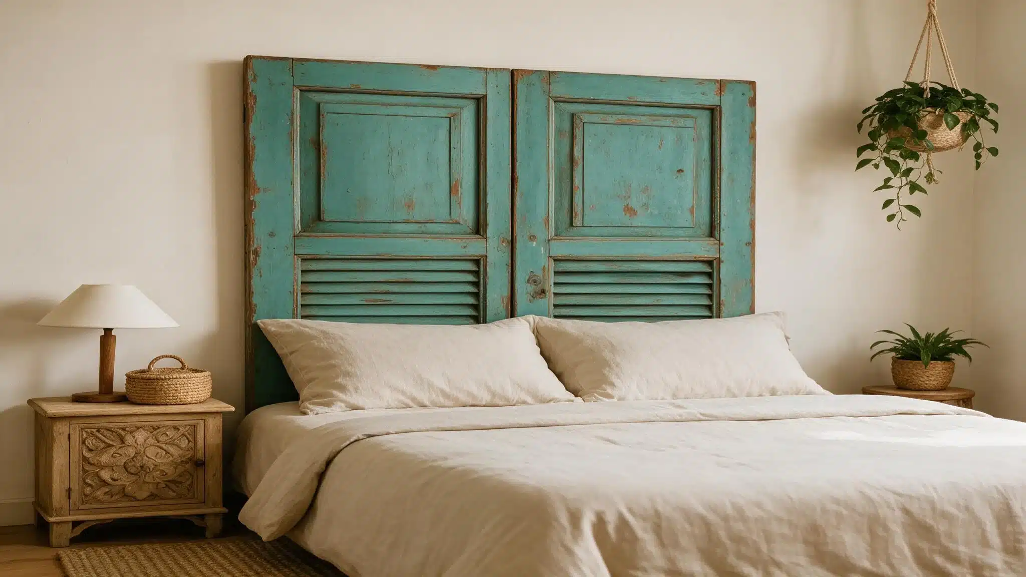 Two weathered turquoise vintage doors used as a rustic headboard behind cream bedding