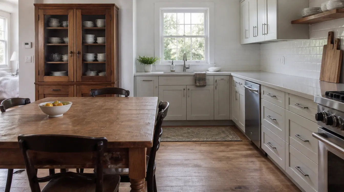 Farmhouse kitchen featuring a vintage wooden cabinet, white cabinetry, open wood shelving, and modern appliances