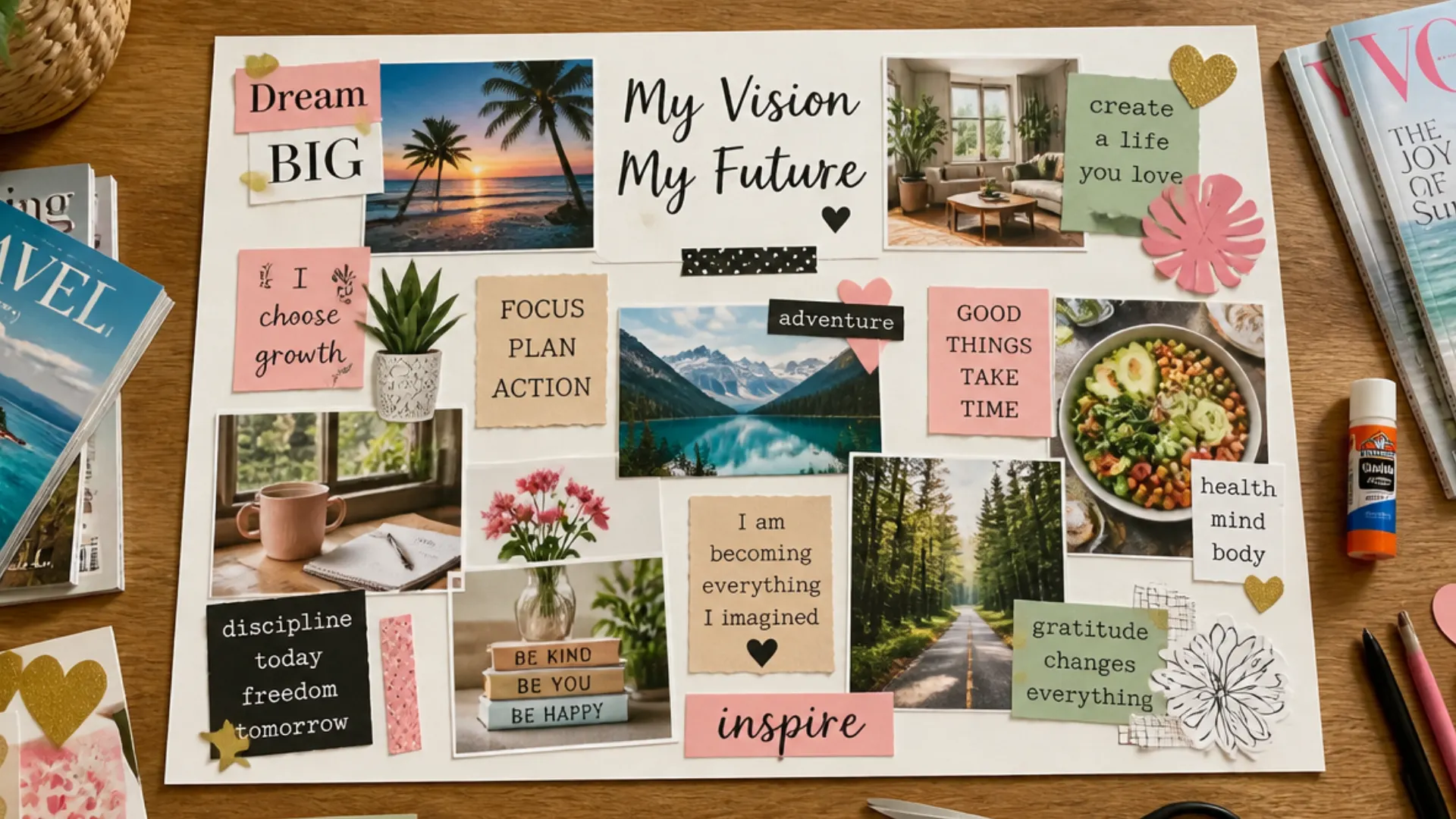 Vision board collage with travel wellness home and motivational images arranged with colorful notes on a wooden table