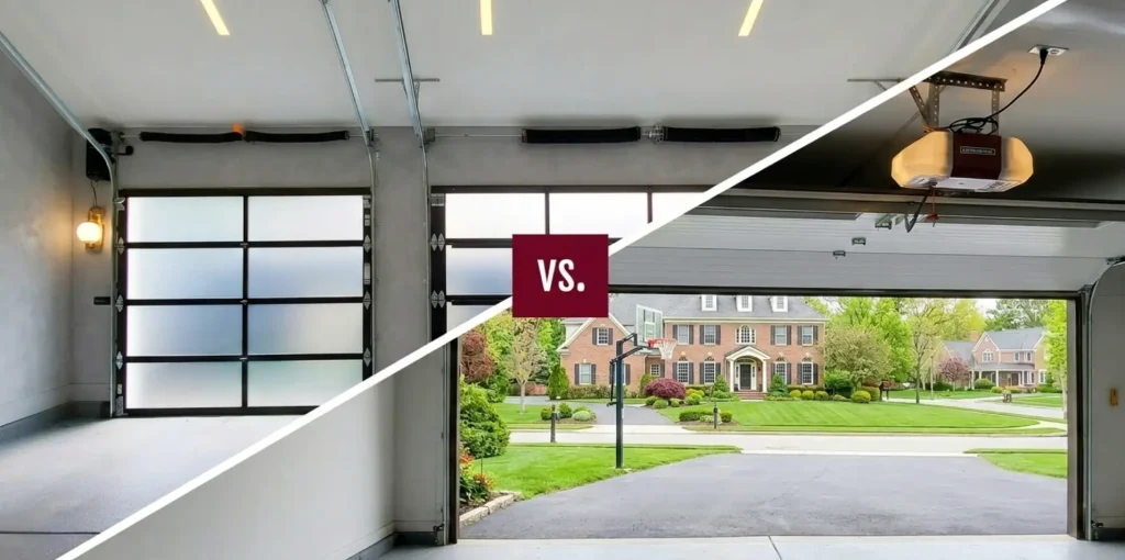 Closed frosted glass garage door vs. open garage with view of suburban house and lawn