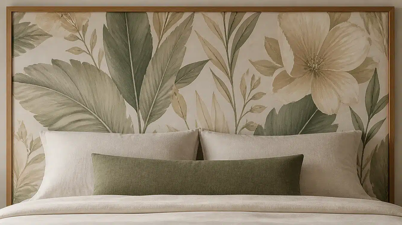 A neatly made bed with beige pillows and an olive green cushion, backed by framed botanical wallpaper featuring leaves and a large flower.A neatly made bed with beige pillows and an olive green cushion, backed by framed botanical wallpaper featuring leaves and a large flower.