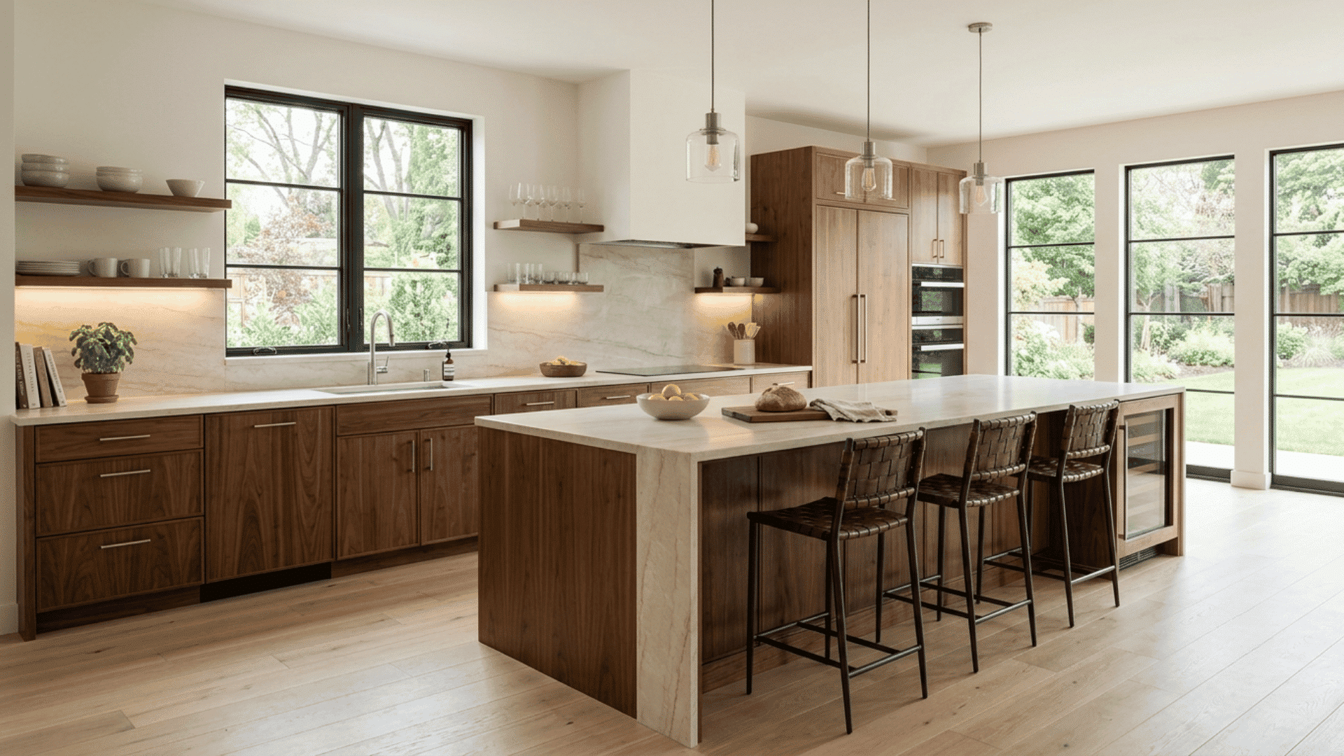 warm walnut kitchen with cream stone waterfall island, open shelves, and black-framed windows
