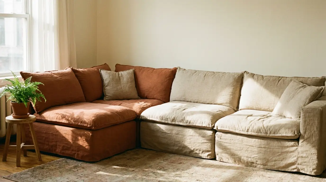 Cozy brown and beige sectional sofa with pillows in sunlit living room next to potted fern on stool