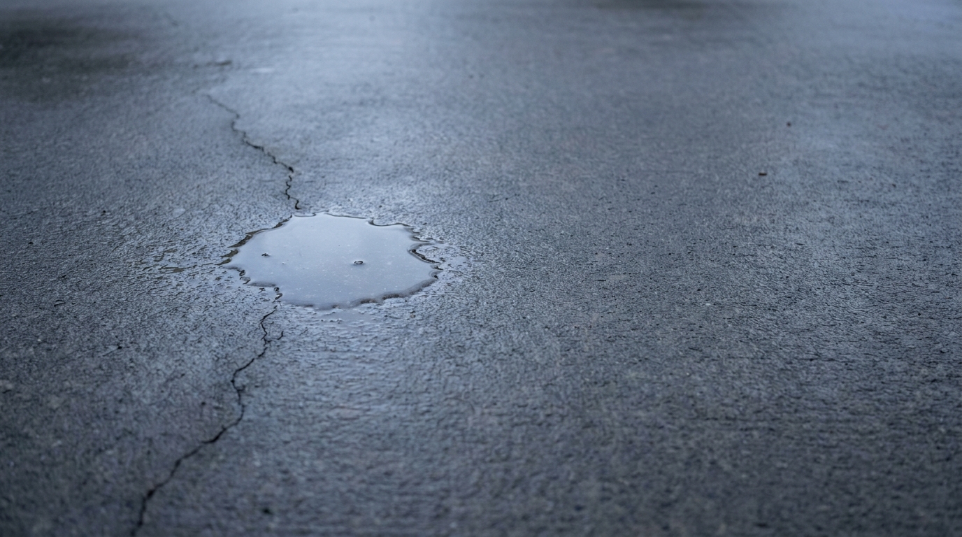 Small puddle on cracked asphalt surface outdoors in dim lighting
