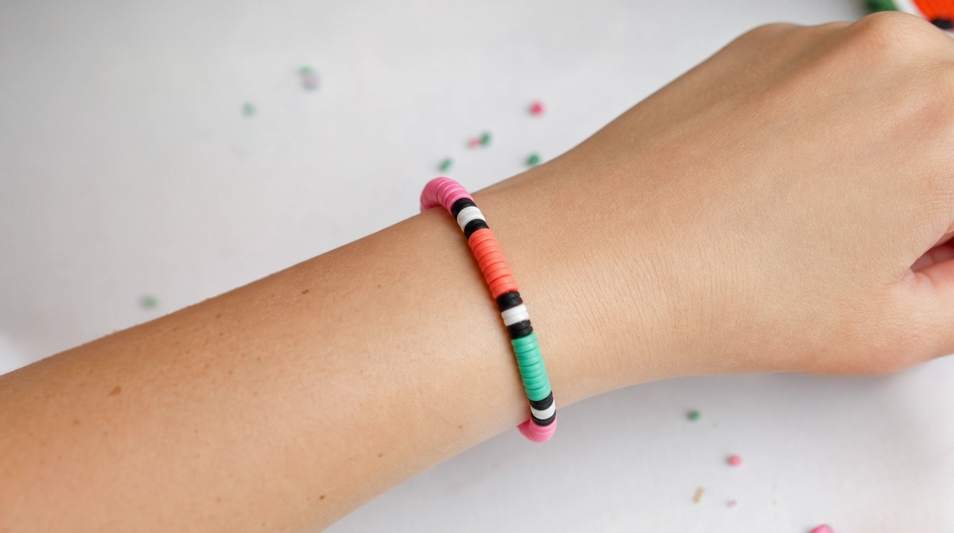 A person’s wrist adorned with a vibrant watermelon-themed summer bracelet, showcasing bright colors and playful design.