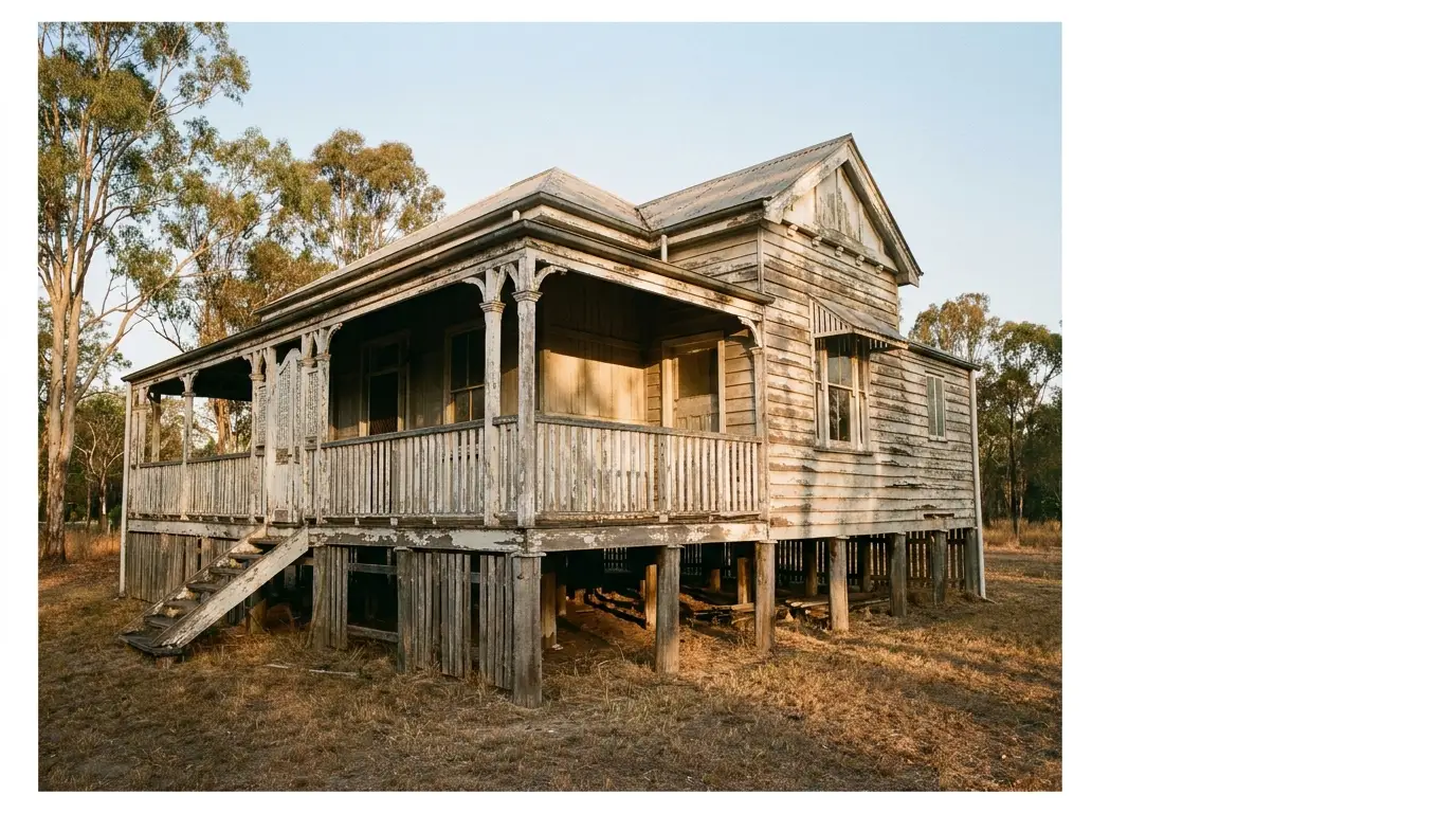 Old wooden house with weathered exterior on stilts in rustic outdoor setting