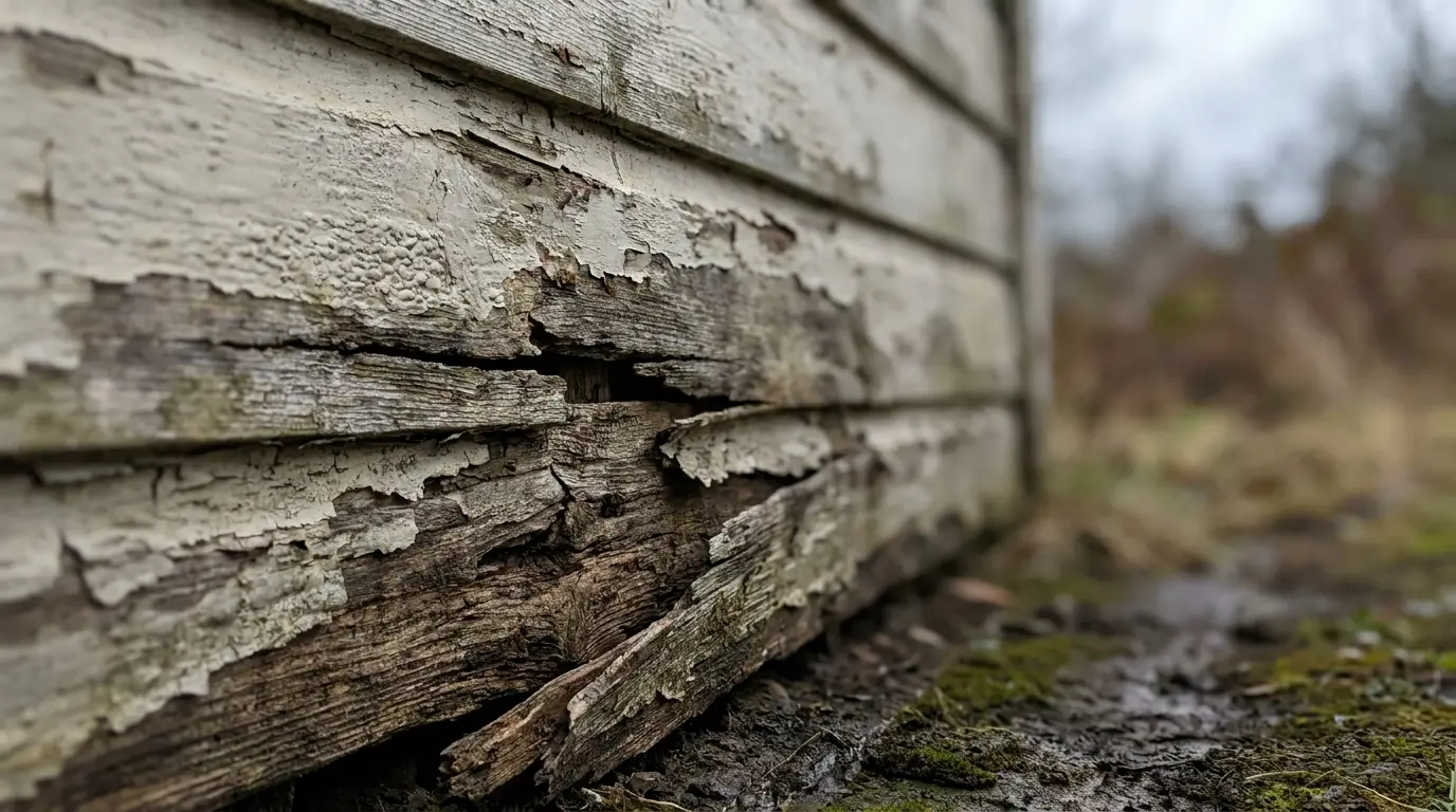 Weathered wooden siding with peeling paint and rotting boards in an outdoor setting