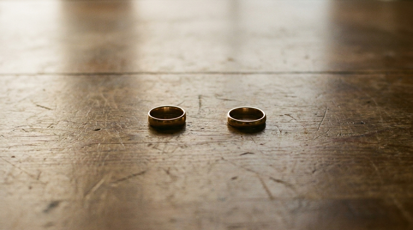 Two gold rings on a scratched wooden surface with soft lighting