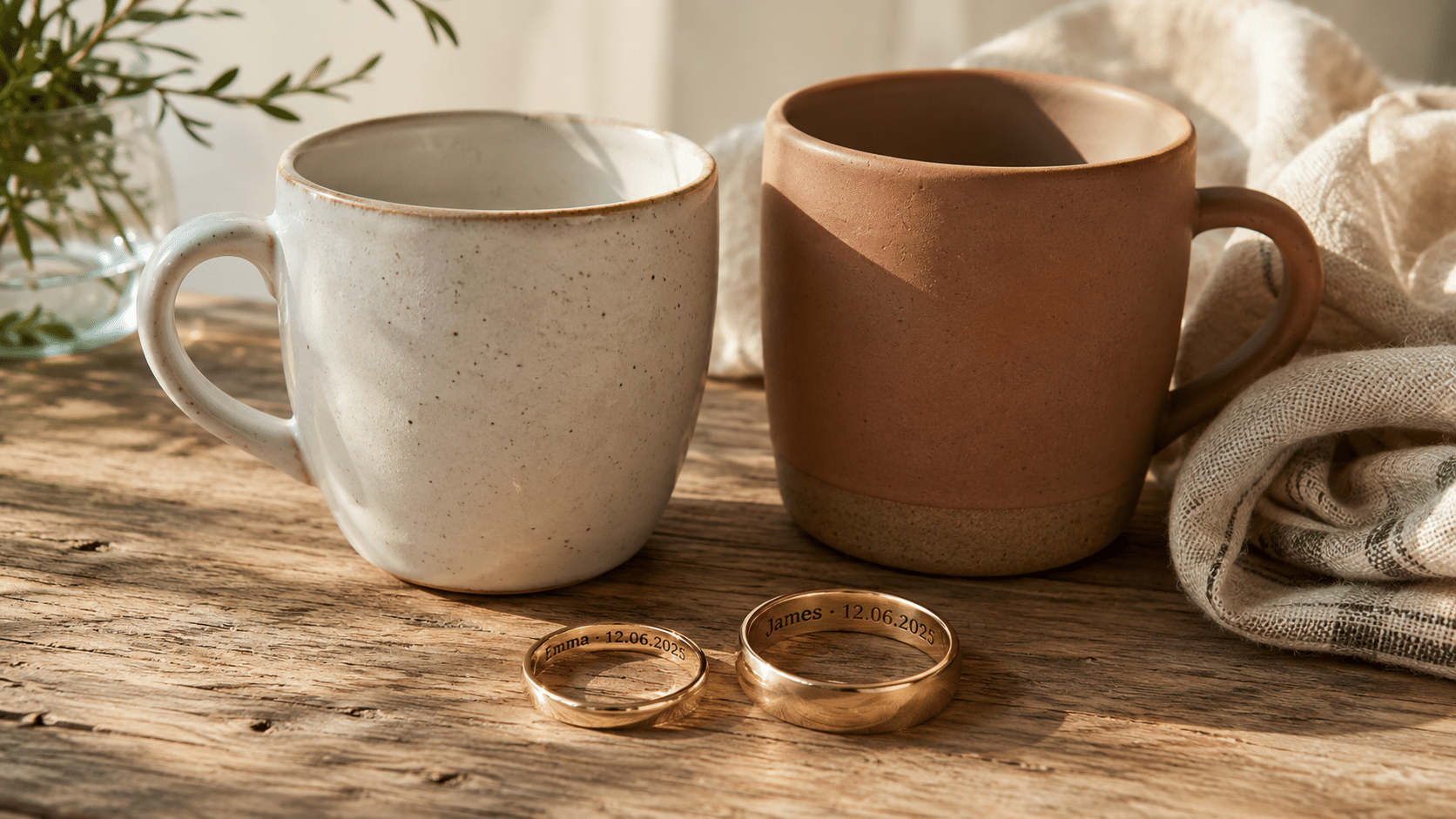 Two ceramic mugs on rustic wooden table with engraved gold rings nearby
