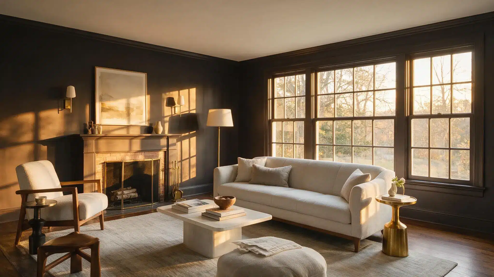 A modern living room featuring black walls and stylish white furniture, creating a striking contrast in the interior design.