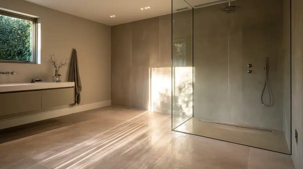 Modern bathroom with a floating vanity, wall-mounted sink, towel, window, and glass-enclosed walk-in shower.
