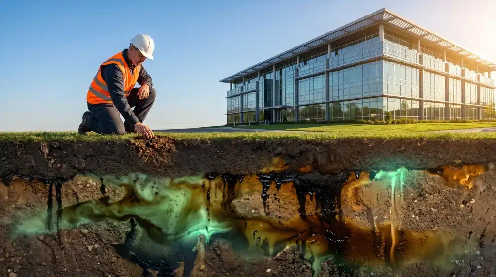 Construction worker examining soil contamination near modern glass building under clear sky
