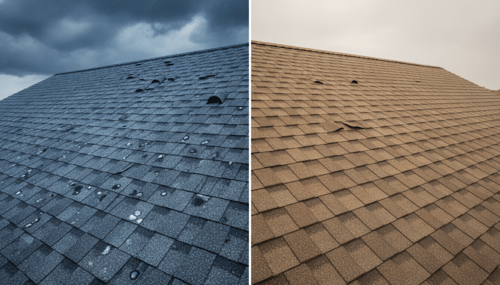 Side-by-side comparison of hail-damaged roof shingles under stormy and clear skies