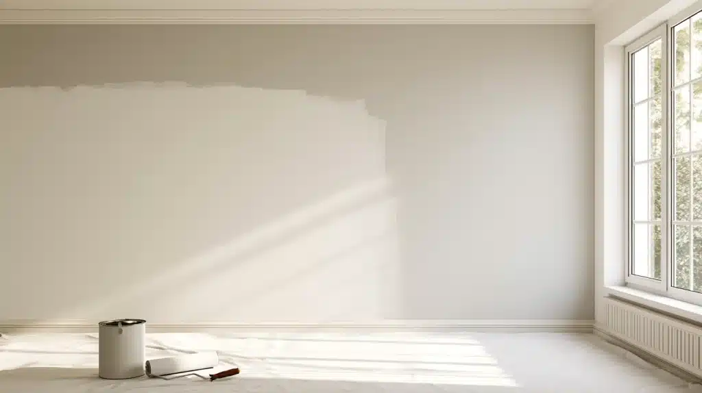 An empty white room with a partially painted wall, a paint can and brush on the floor, and sunlight through tall windows.