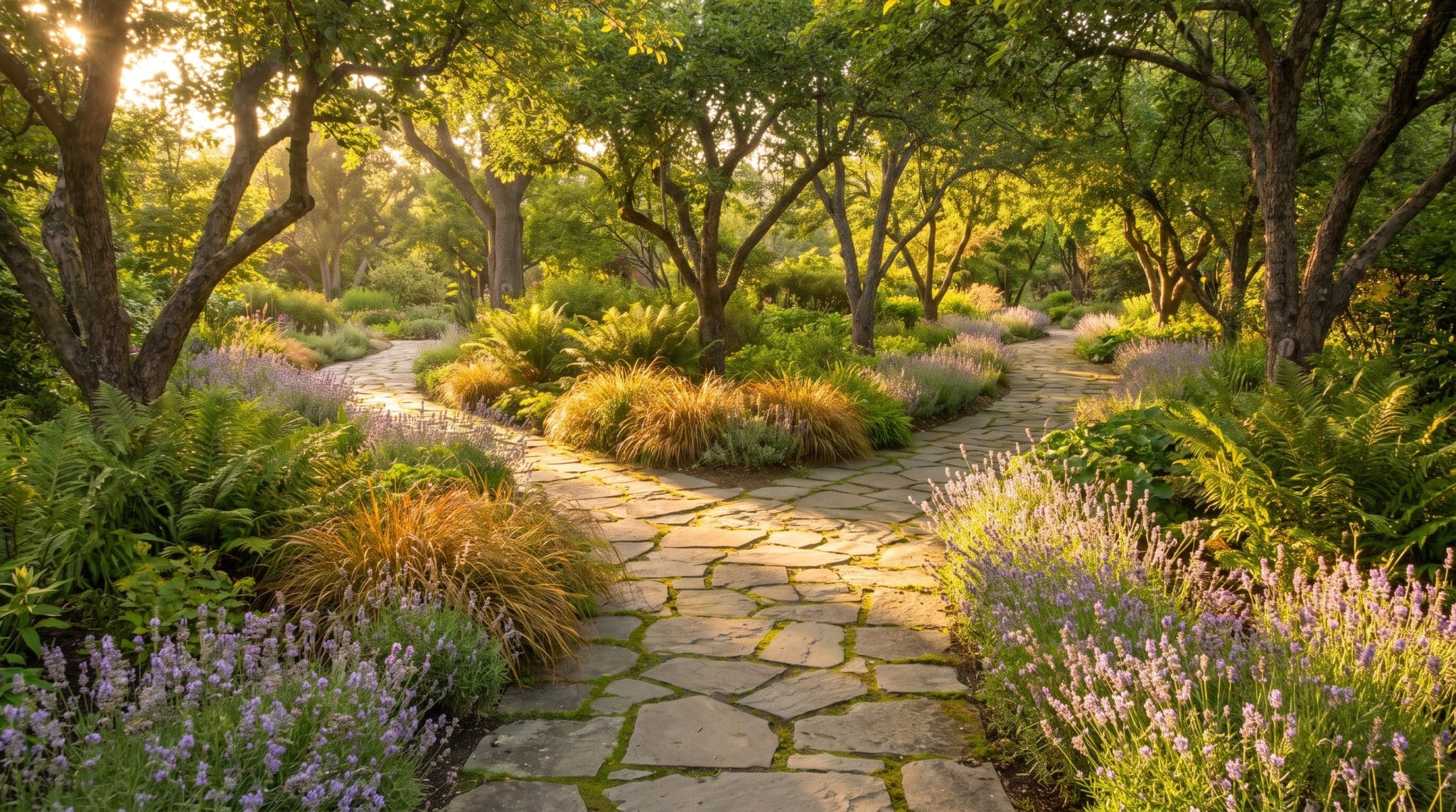 Stone path winding through lush garden with lavender and trees under warm morning sunlight
