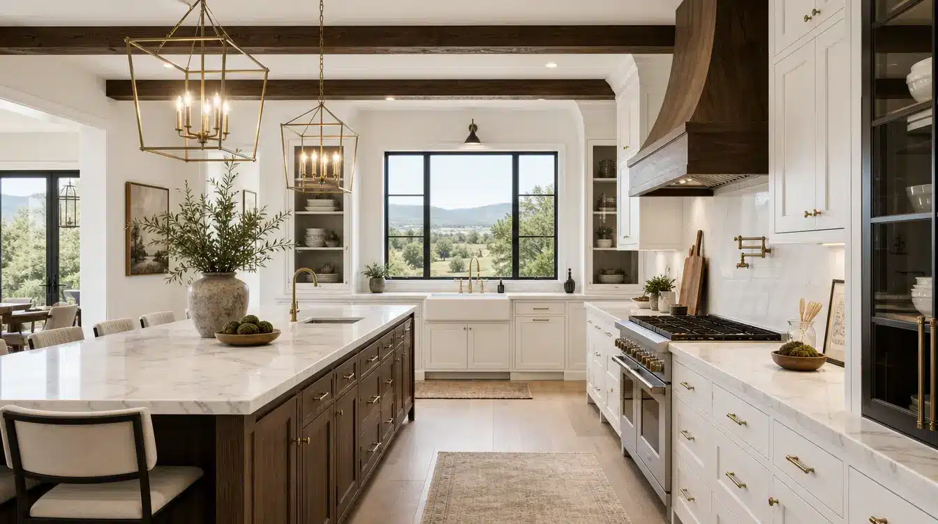White kitchen cabinets with a large natural wood island marble countertops and brass hardware