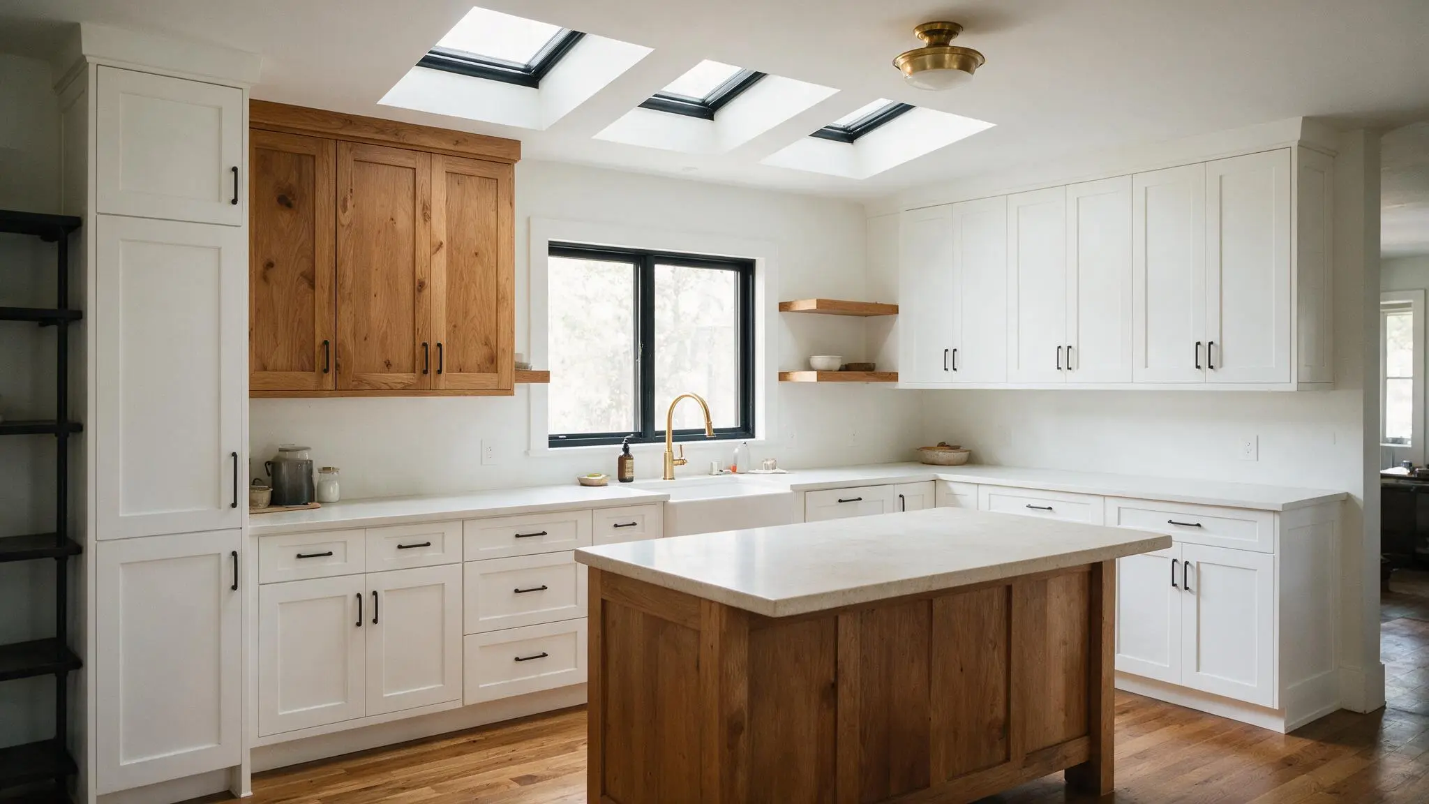 Bright modern kitchen featuring white shaker cabinets natural wood cabinetry skylights and spacious island countertop