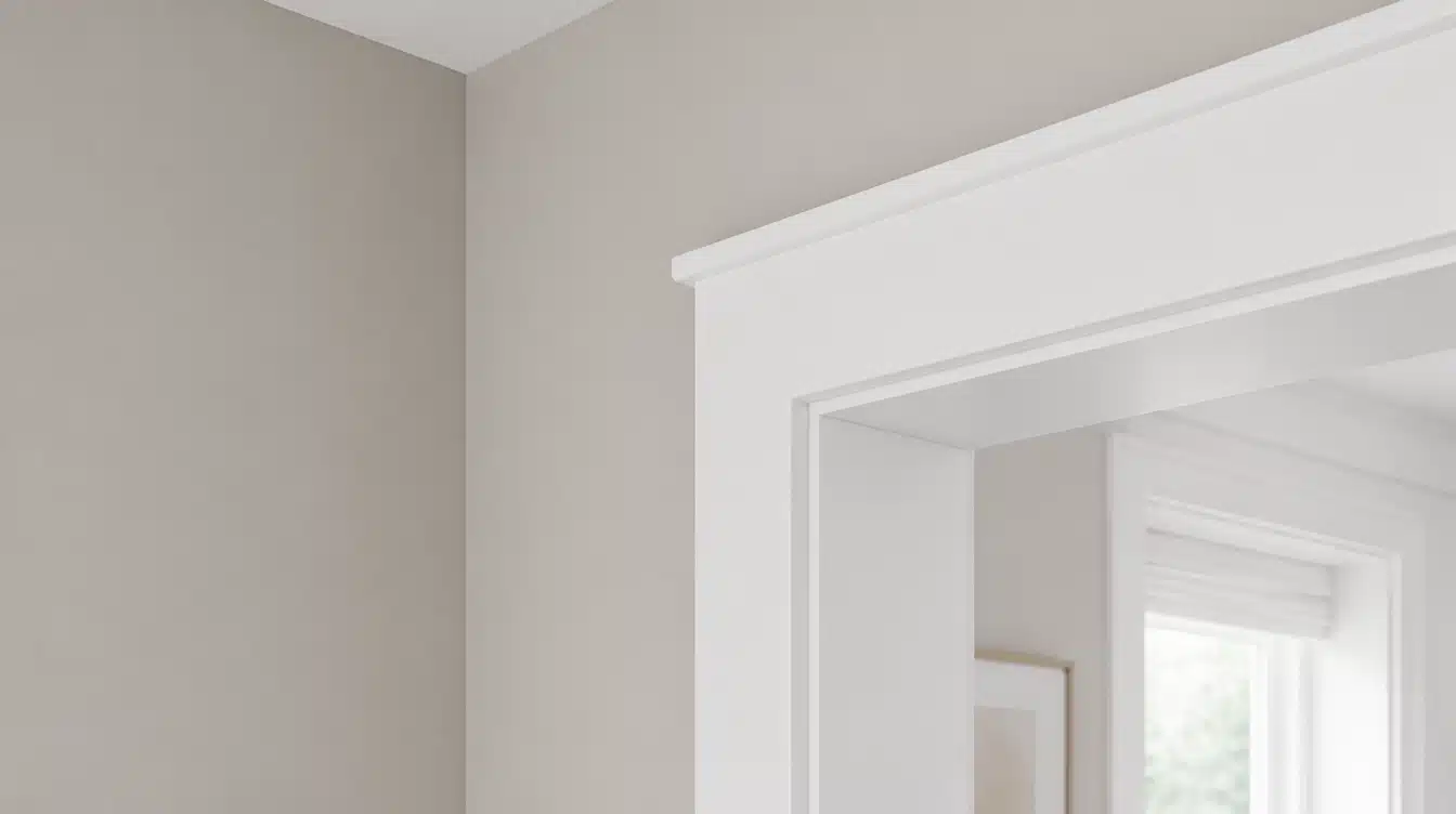 White-trimmed doorway opens into a bright room with a window, framed artwork, and beige walls.