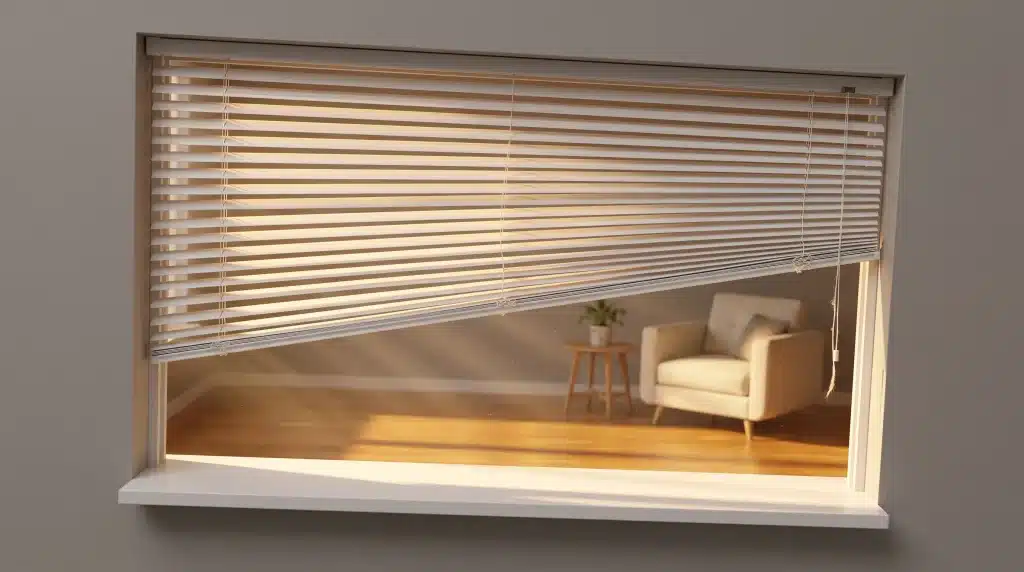 Window blinds with sunlight filtering into room featuring beige armchair and wooden side table