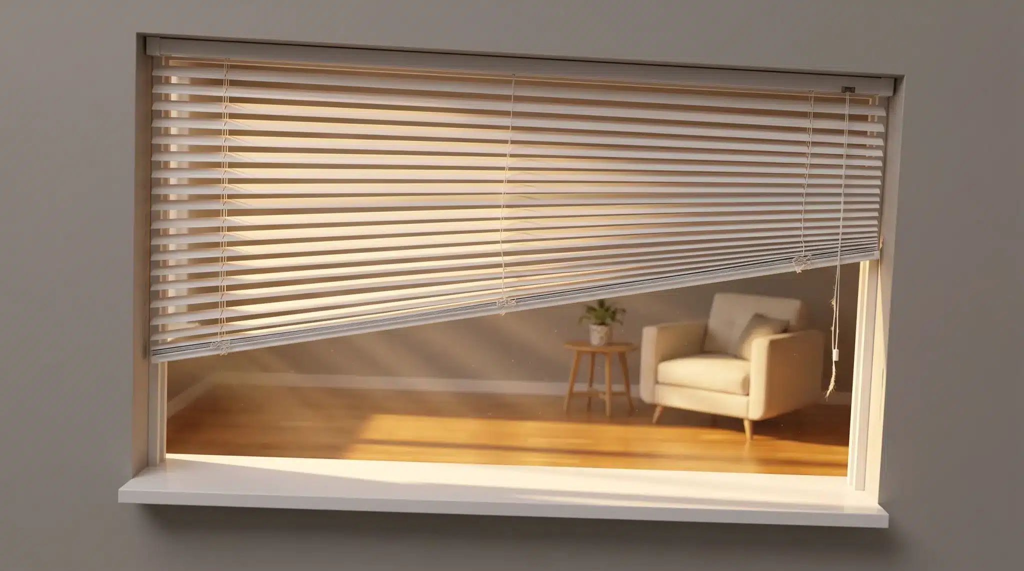 Window blinds with sunlight filtering into room featuring beige armchair and wooden side table