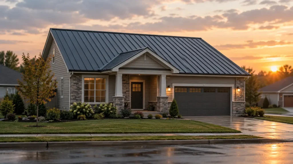Modern single-story house with metal roof at sunset in suburban neighborhood