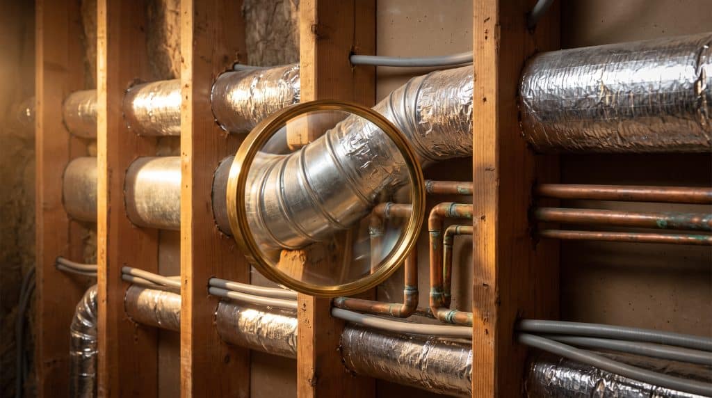 Exposed building framework with metal ductwork and copper pipes in dimly lit space