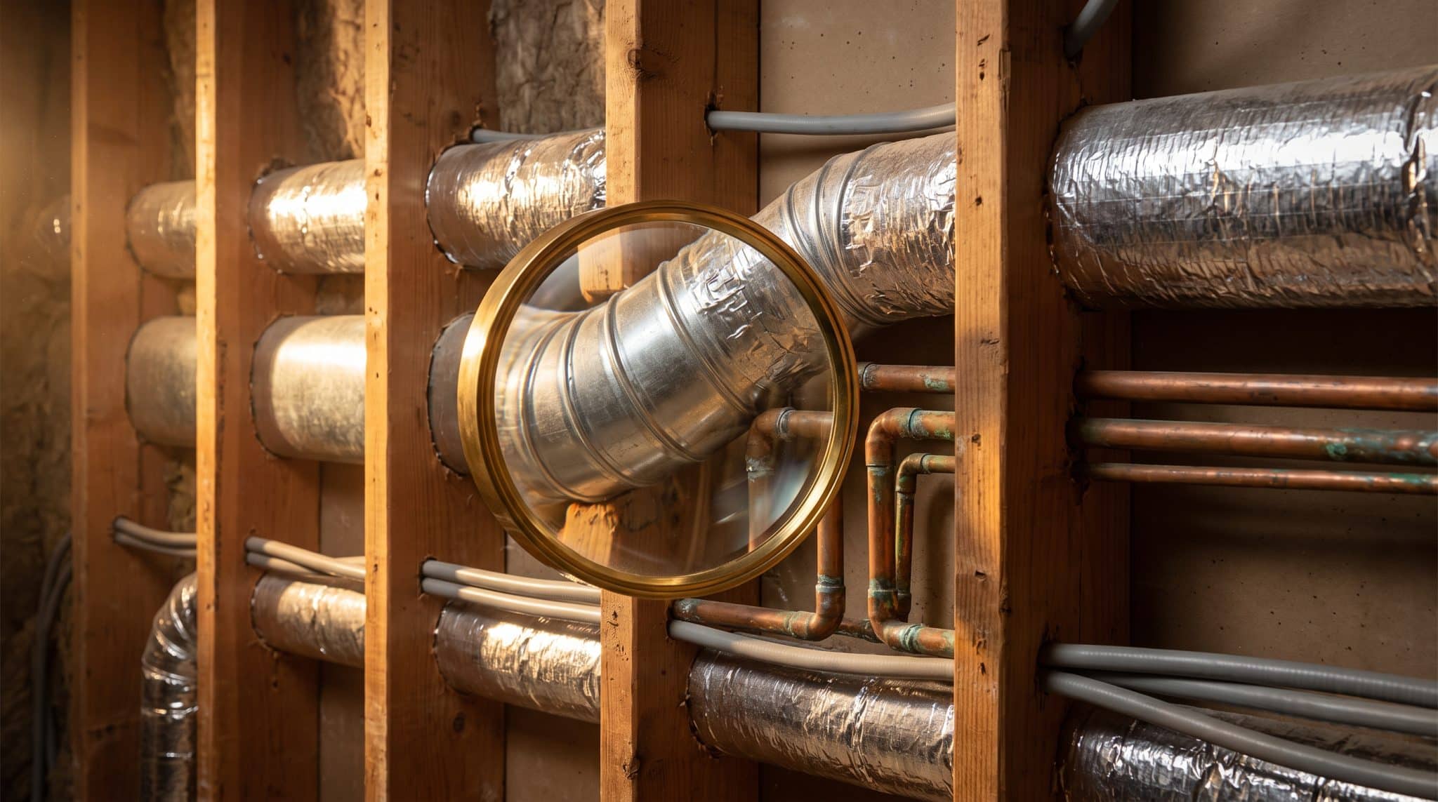 Exposed building framework with metal ductwork and copper pipes in dimly lit space