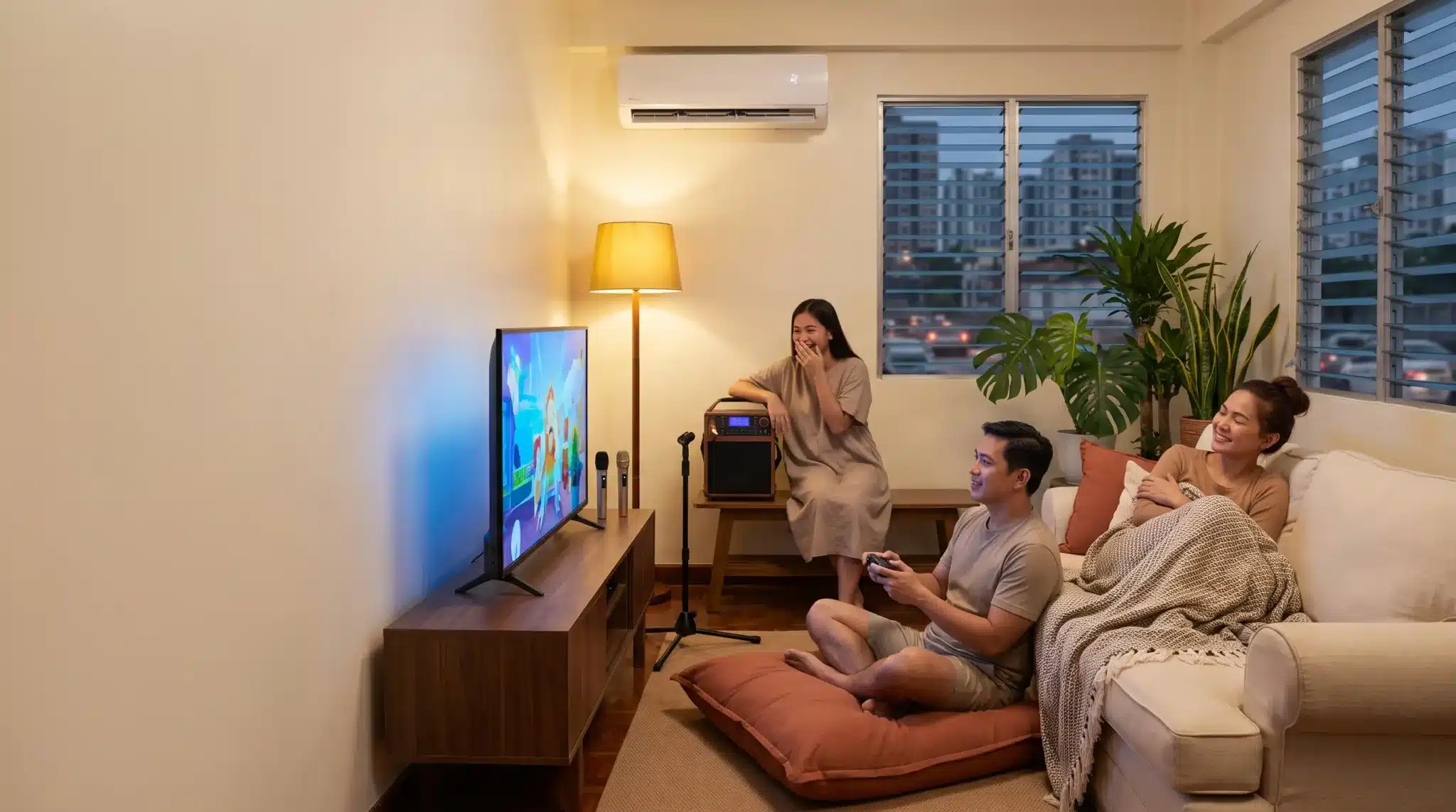 Friends enjoying video game in cozy living room with warm lighting and potted plants