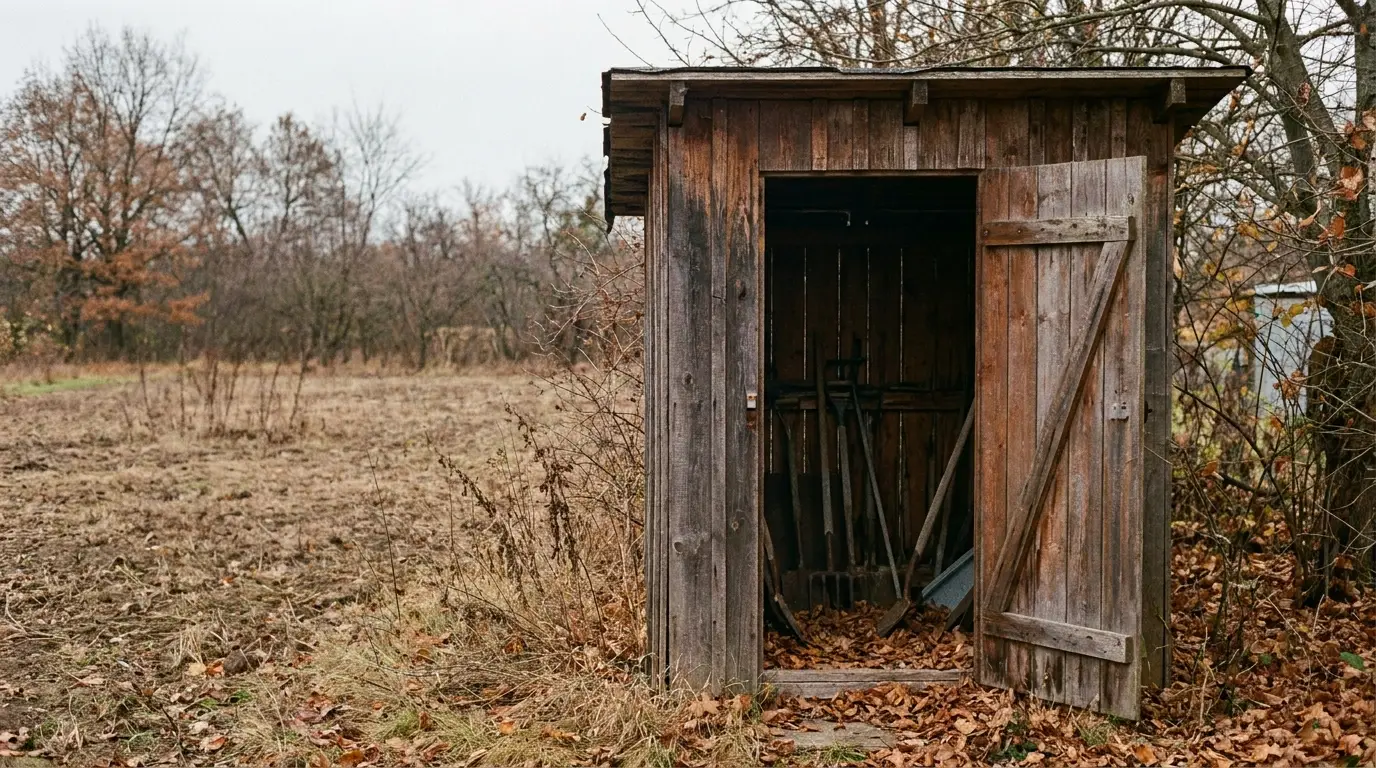 Wooden shed with tools inside in an autumnal garden setting with fallen leaves