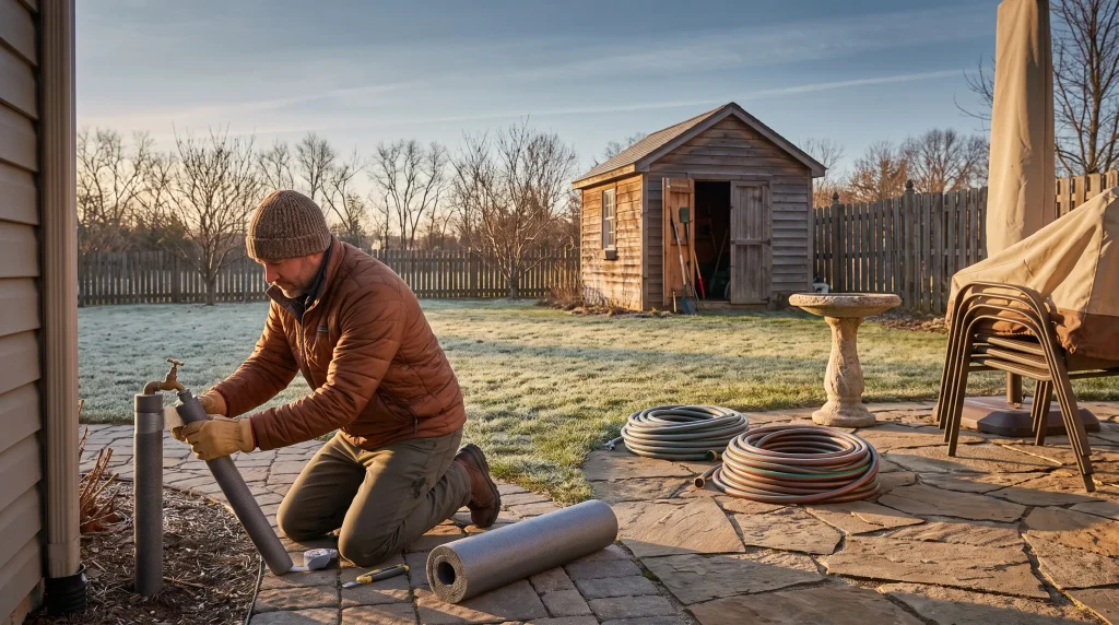 Man installing pipe insulation on outdoor faucet in frosty backyard with garden shed nearby