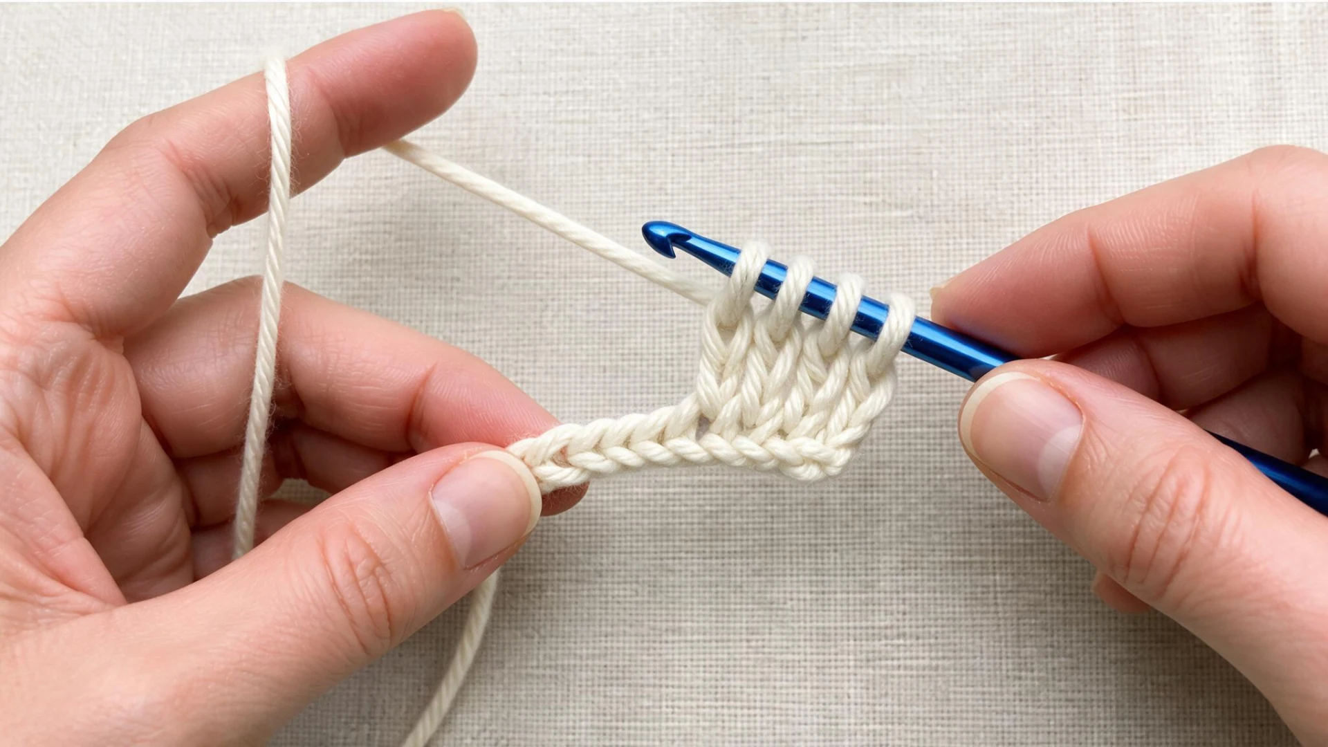 A person using a crochet hook to knit a stitch, demonstrating the foundation forward pass technique.