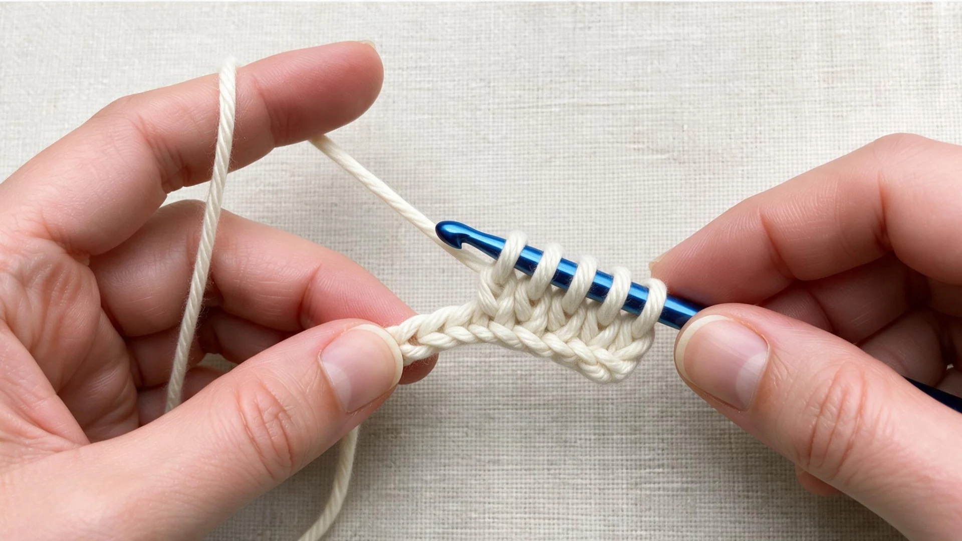 Hands beginning the Tunisian crochet return pass with cream yarn and a blue hook over a linen background.