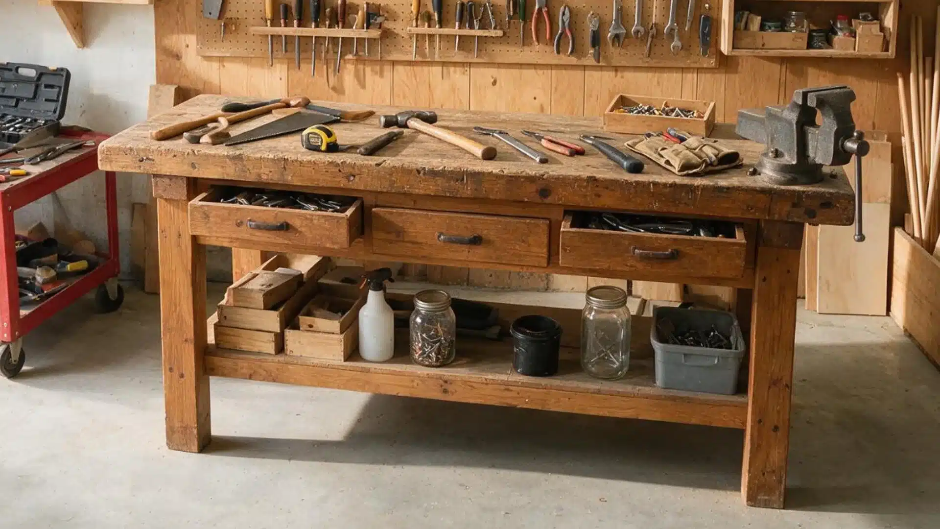 Wooden workbench with built in drawers lower storage shelf hand tools and bench vise in a workshop.