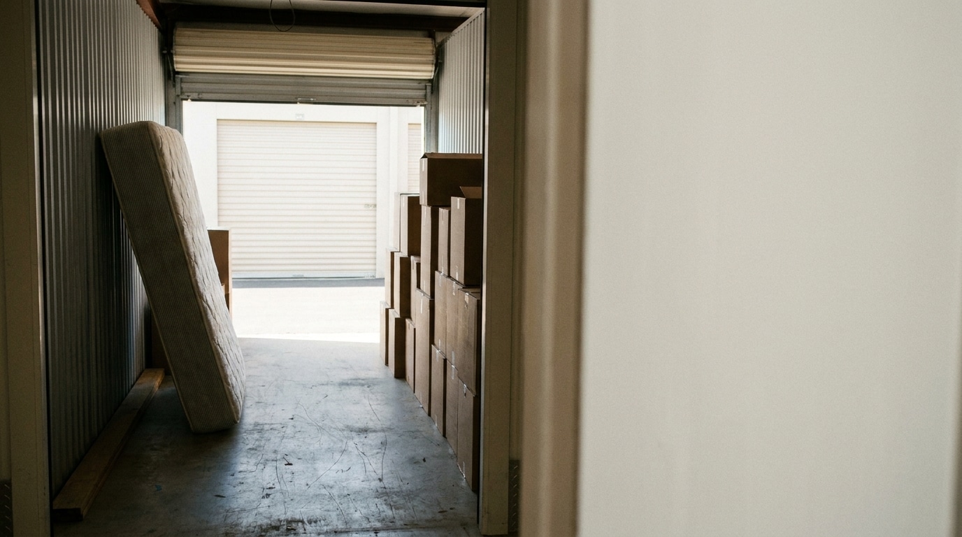 Storage unit with stacked cardboard boxes and a mattress leaning against metal wall