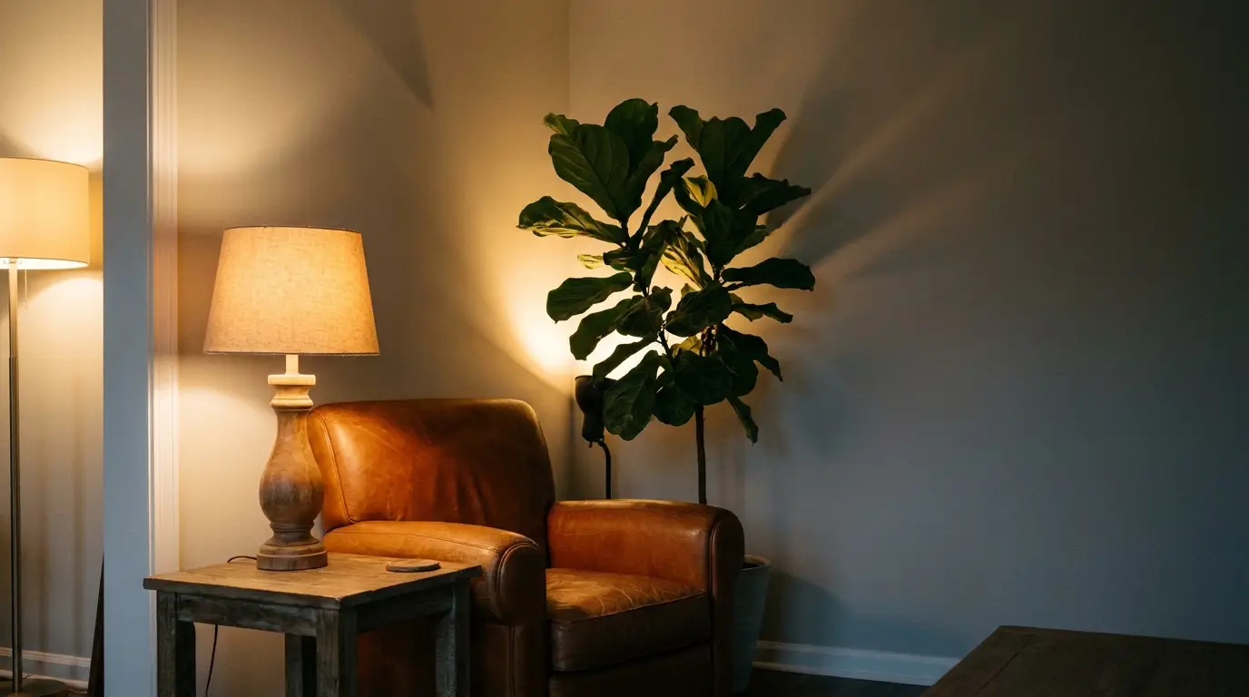 Cozy living room with leather armchair, wooden side table, and potted plant under warm lighting