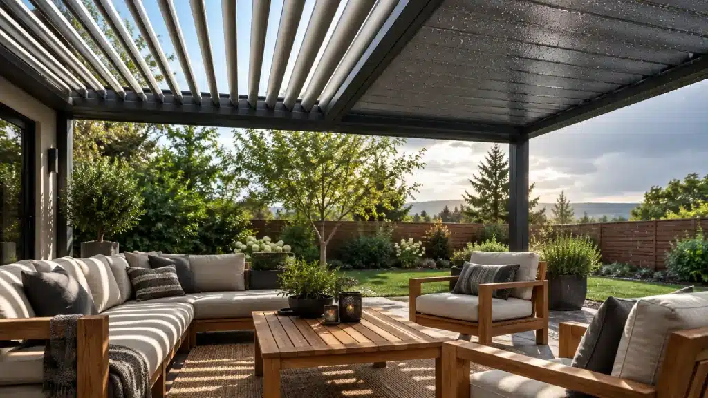 Outdoor patio with wooden furniture and cushions under pergola, surrounded by lush garden greenery