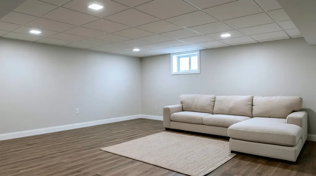 Beige sectional sofa in modern basement with recessed lighting and wooden flooring