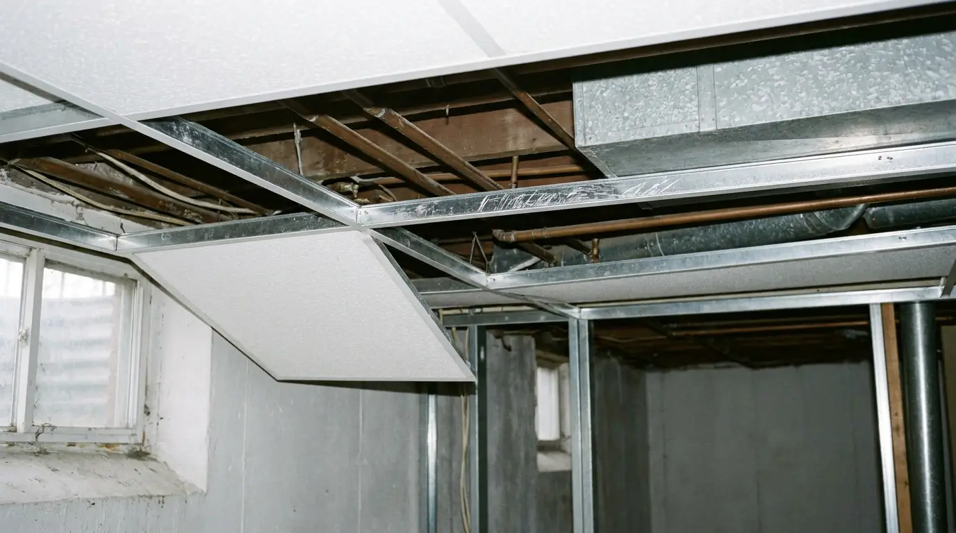 Exposed ceiling with missing tiles revealing pipes and ducts in an unfinished basement setting