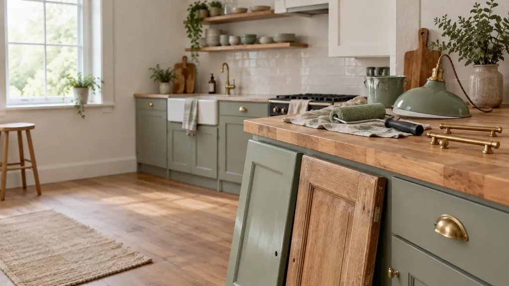 Stylish kitchen with green cabinets, wooden countertop, and paint supplies on surface