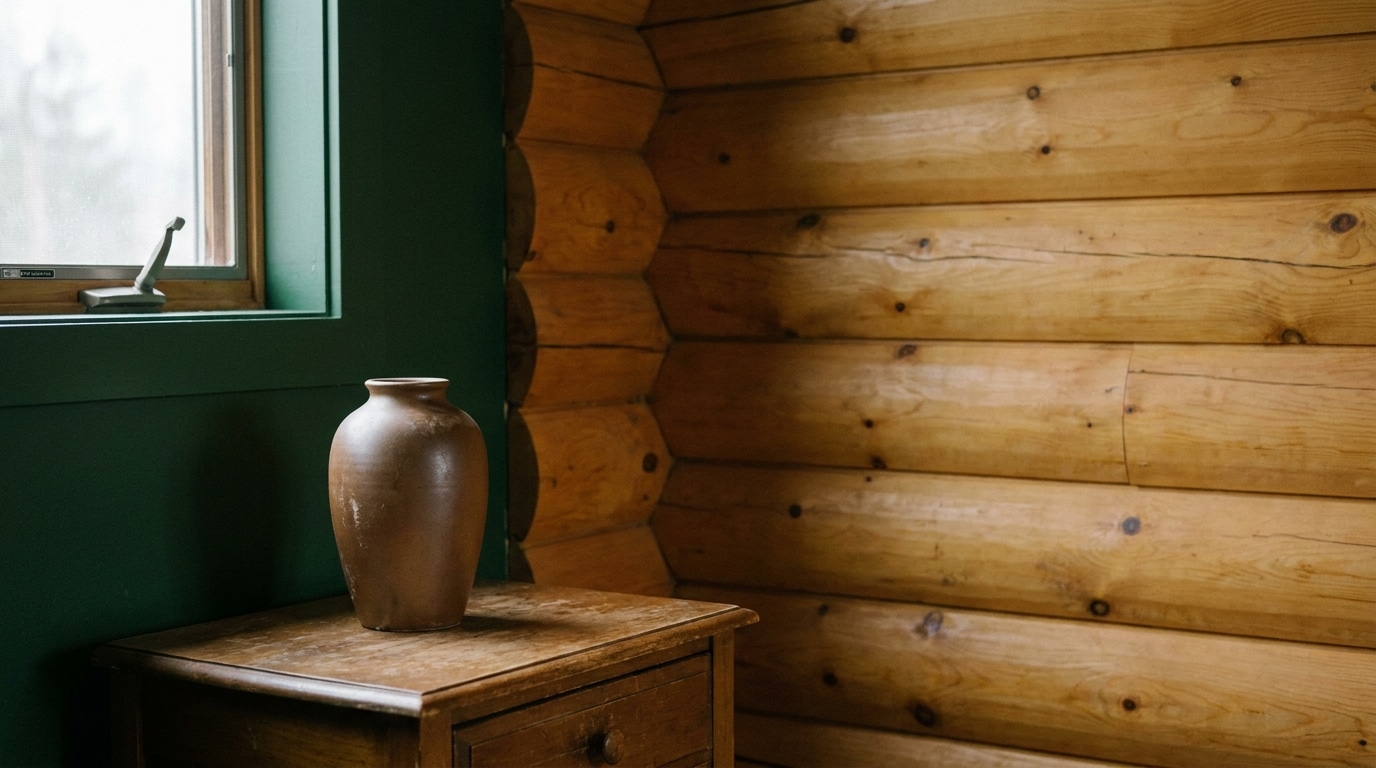 Vase on wooden table against log cabin wall with green window frame