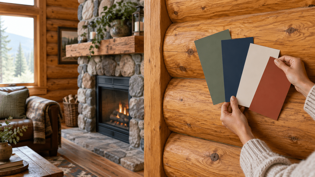 Color swatches held against log cabin wall with stone fireplace in rustic living room