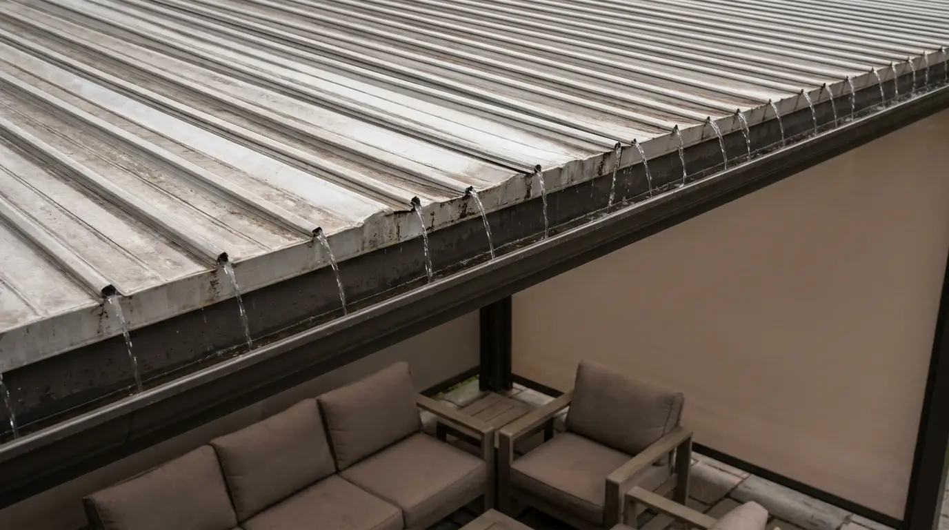 Closed louvered patio roof blades shedding rainwater into a gutter above dry outdoor cushioned seating