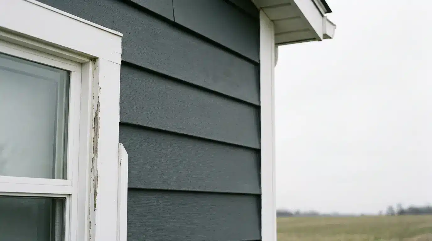 Corner of a house with charcoal lap siding framed by crisp white trim boards and window casing
