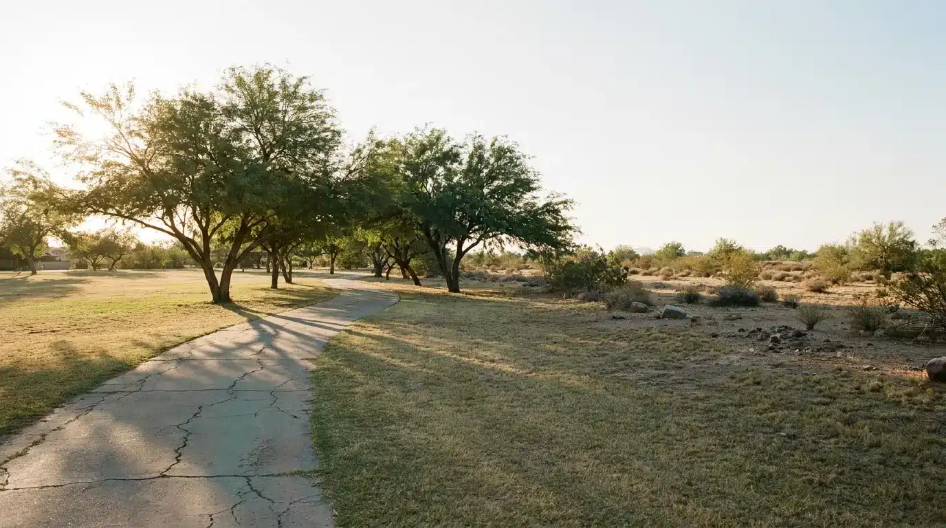 Paved walking path winding through grassy park with scattered trees in warm sunlight