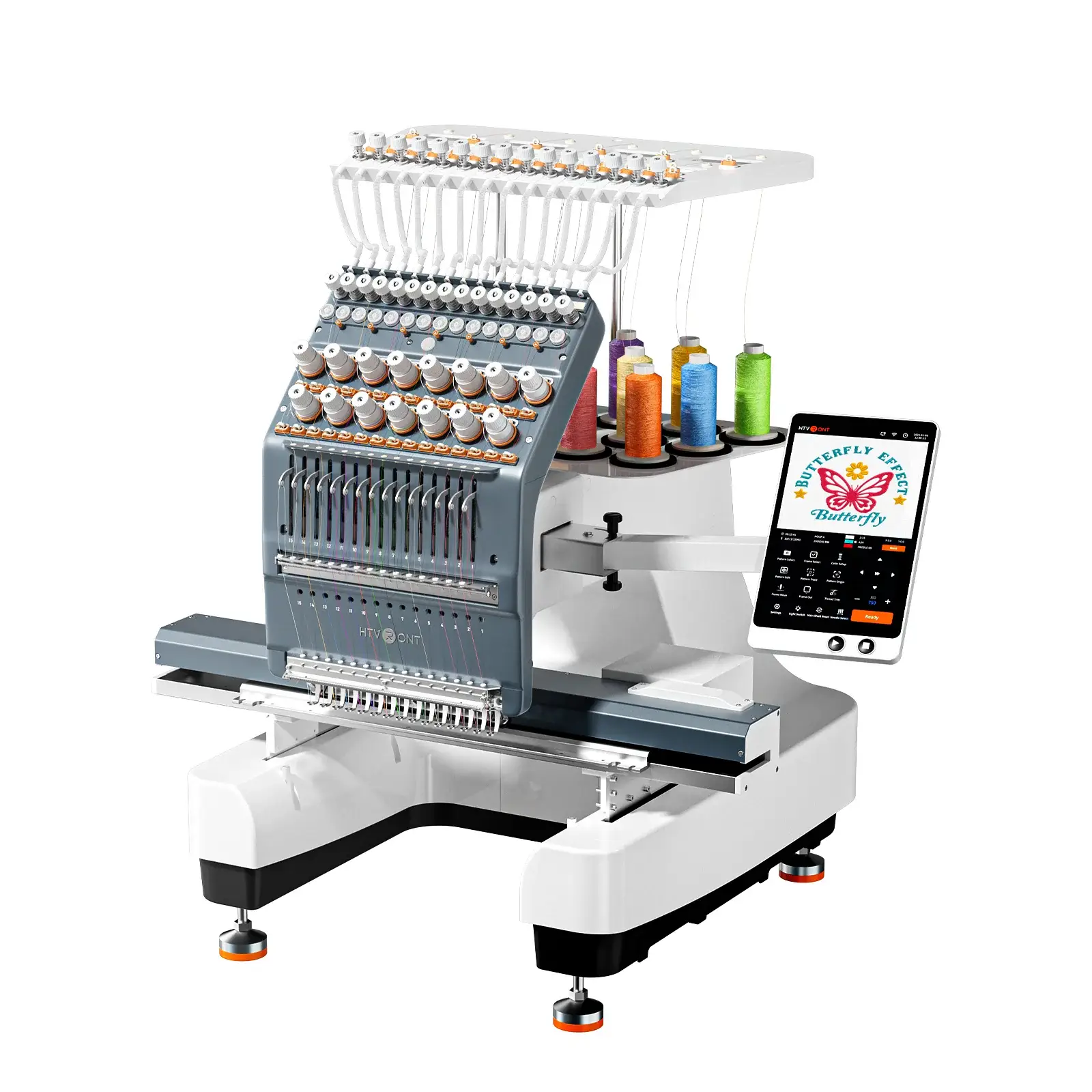Multi-needle embroidery machine with colorful thread spools and digital display screen