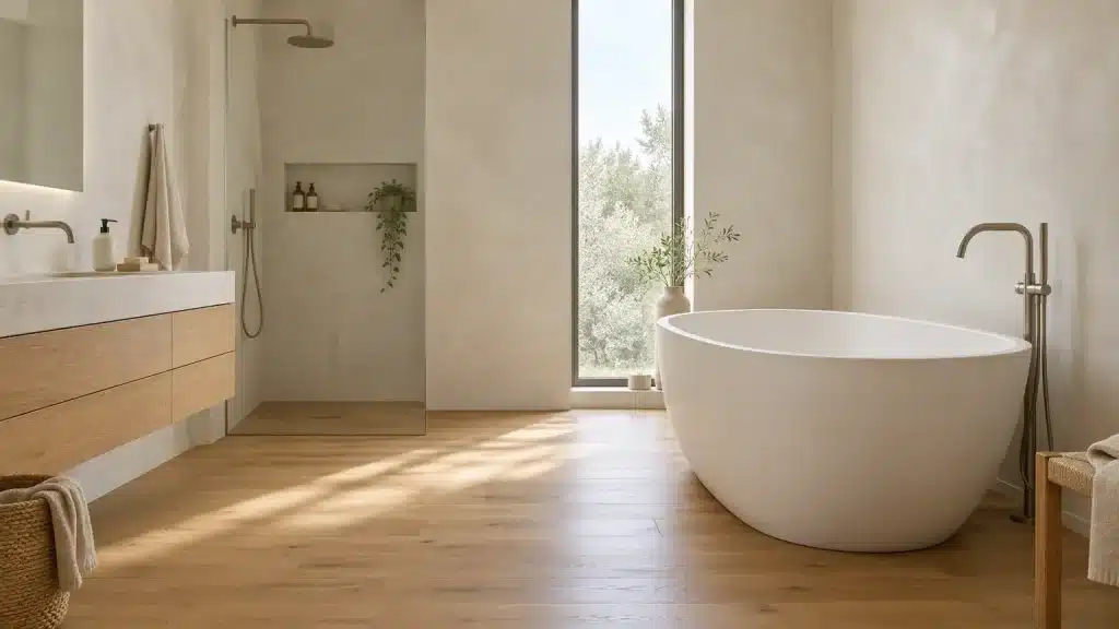 Minimalist bathroom with freestanding tub, wooden flooring, and soft natural light through large window