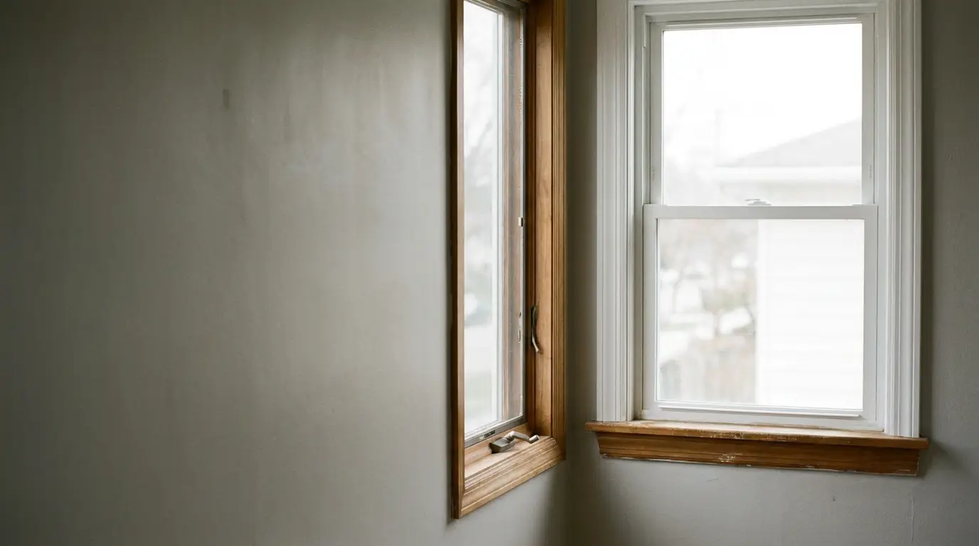 Neutral-toned room featuring two windows with wooden trim and natural light streaming in
