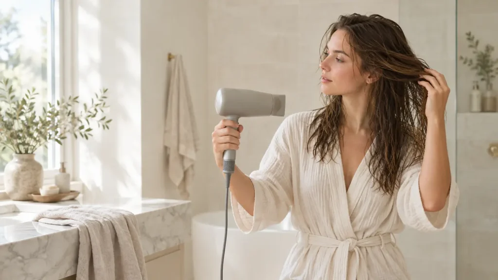 Woman in white robe drying hair with hairdryer in bright bathroom