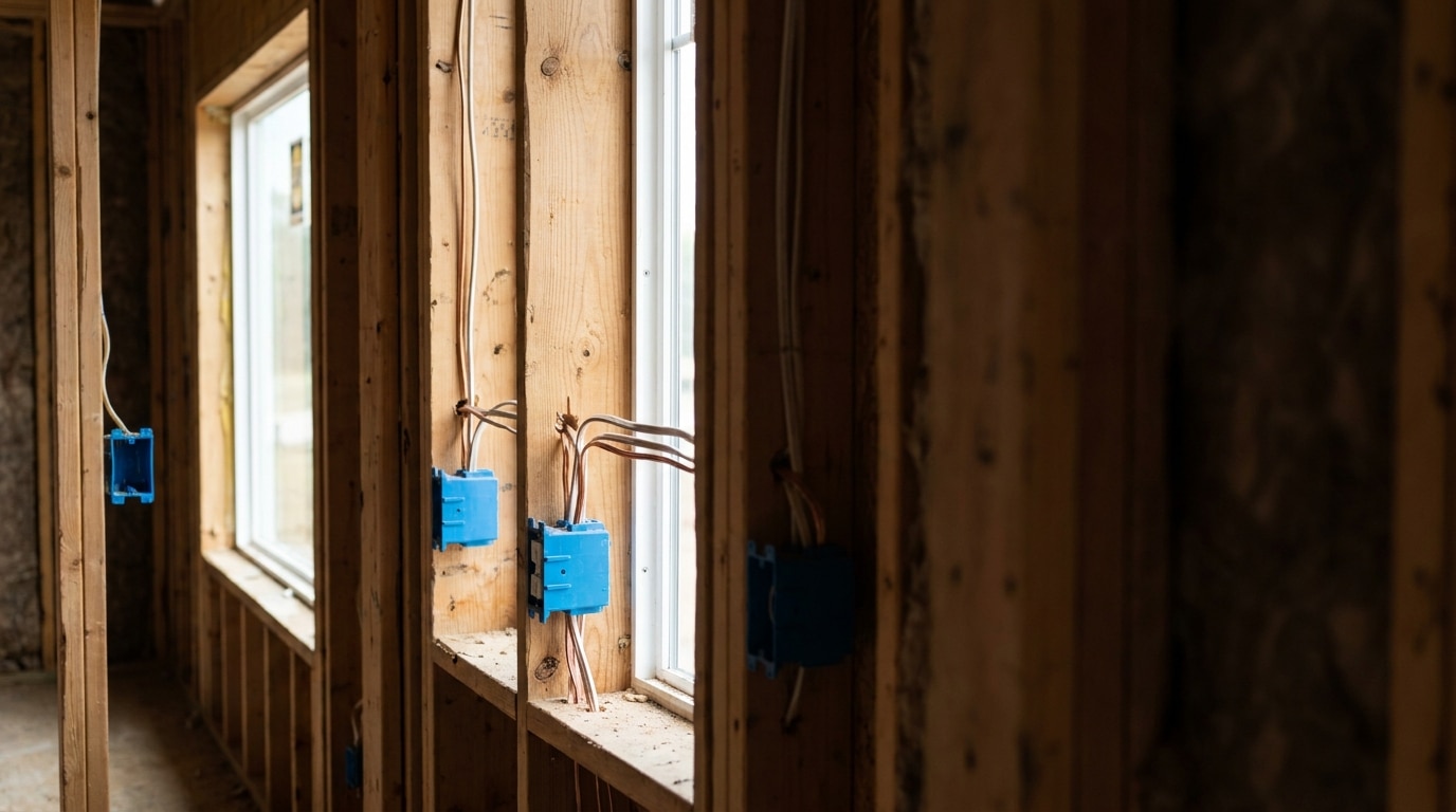 Wooden frame wall with electrical wiring and blue outlet boxes in a bright construction site