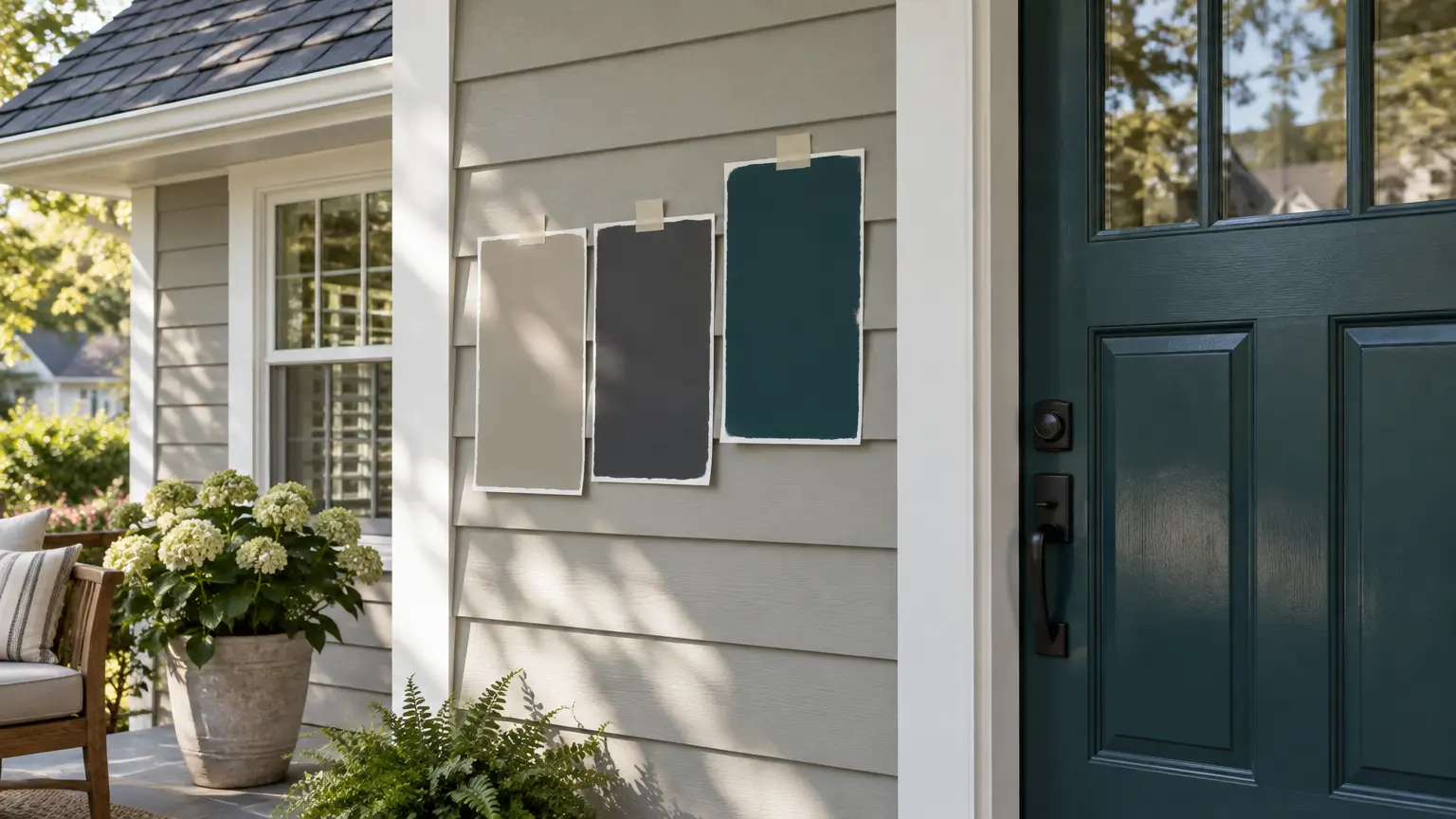 Three paint swatches taped to gray siding near dark blue front door and potted hydrangea plant